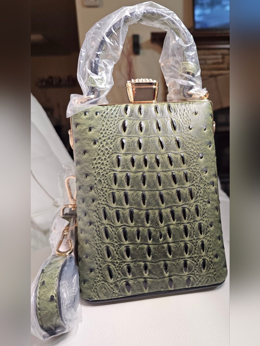 Designer Inspired Green Croc-Embossed Structured Top-Handle Crossbody Bag